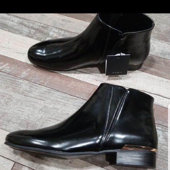 Zara black patent flat ankle booties gold accents - Picture 4 of 5